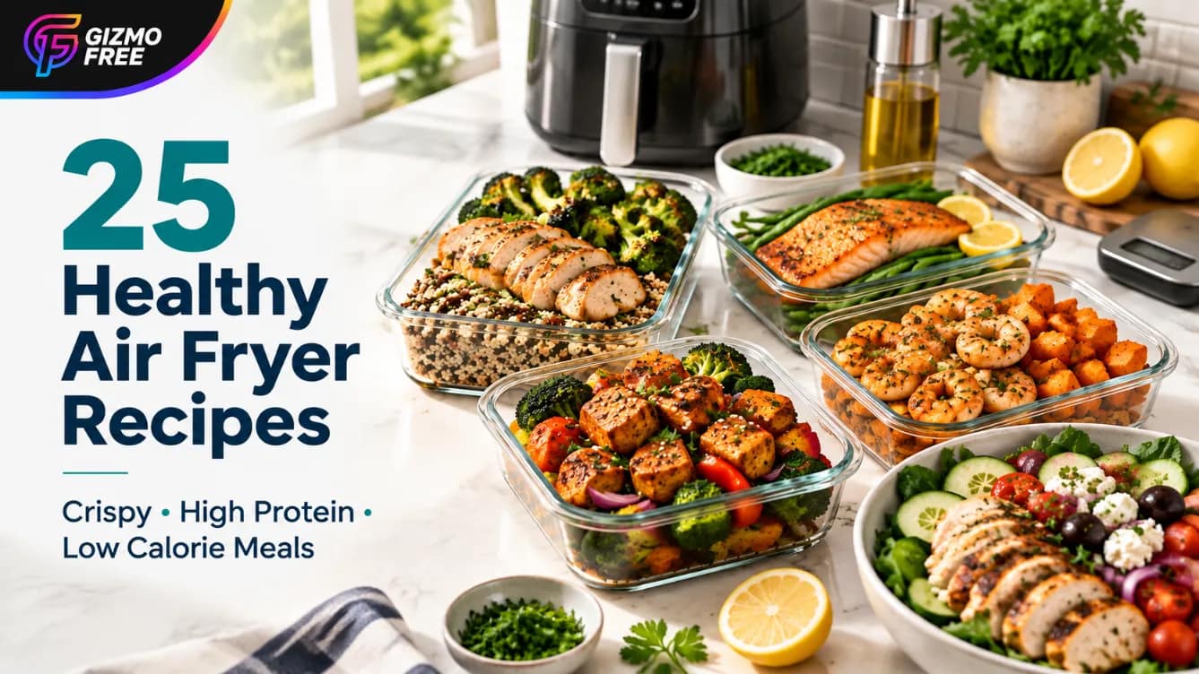 25 healthy air fryer recipes with chicken salmon shrimp tofu vegetables and meal prep containers